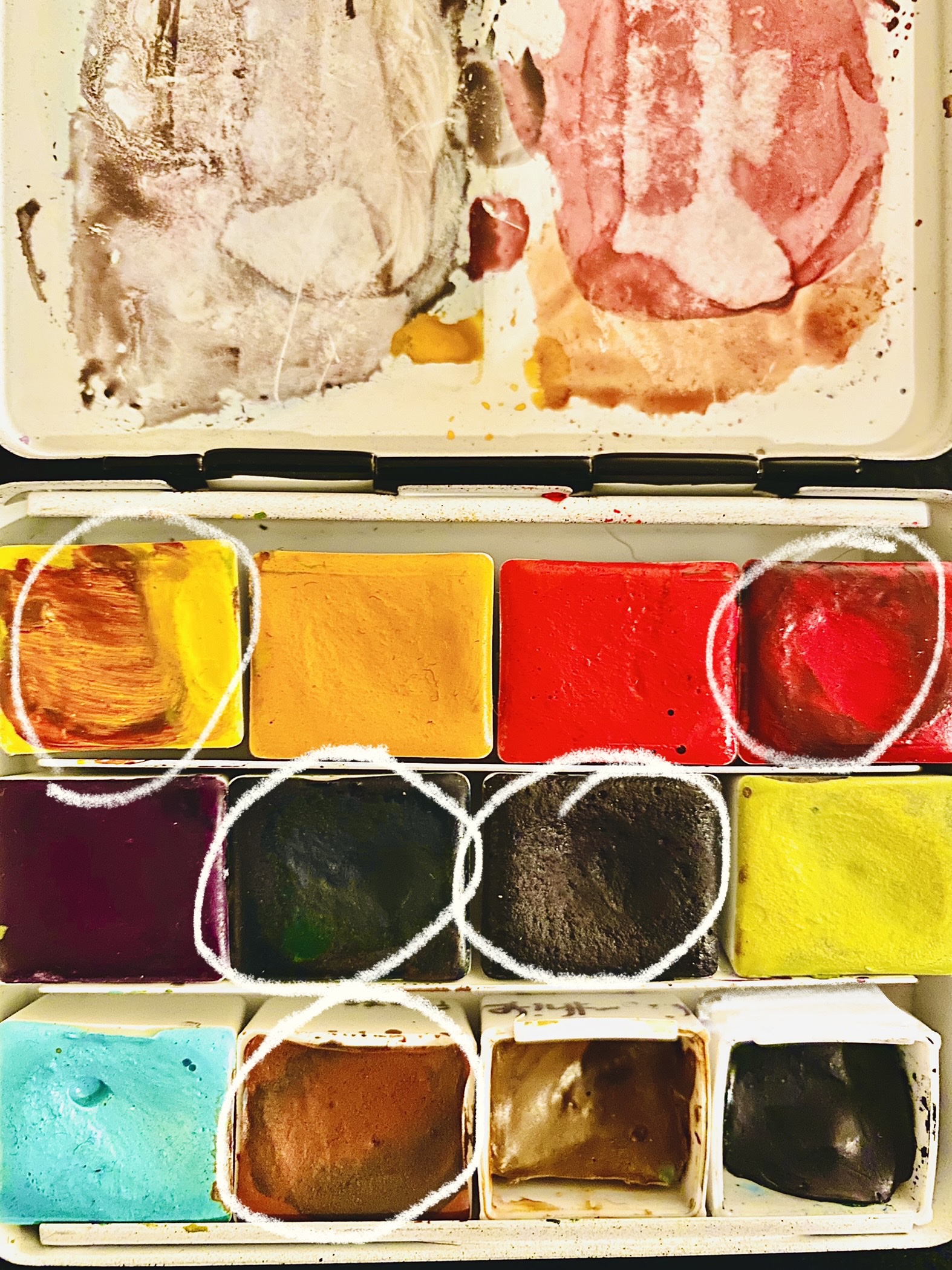 Picture of the colors in the tin, described in post. It’s a bit messy, and I circled the ones I’m talking about. 