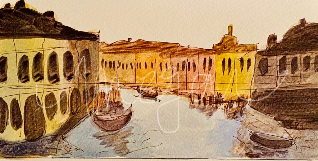 Rialto Bridge, Venice, Italy, in watercolor by me. It’s my first attempt, but I think it’s pretty happy. 