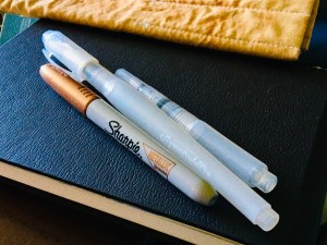 Aquastroke large flat, and a smaller one, next to a sharpie. The large flat is longer than a sharpie so it doesn’t fit in a bag as well, and the other one’s handle is so short it’s hard to use. They’re on a strathmore black watercolor journal. 