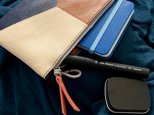 Ipsy bag, reflextions 3x5 watercolor sketchbook, DaVinci casaneo travel flat brush, and tiny tin which holds 6 half pans 