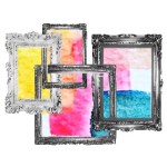 ImagineFramed logo, wall art frames with colorful watercolor in them in cyan, yellow, and magenta.