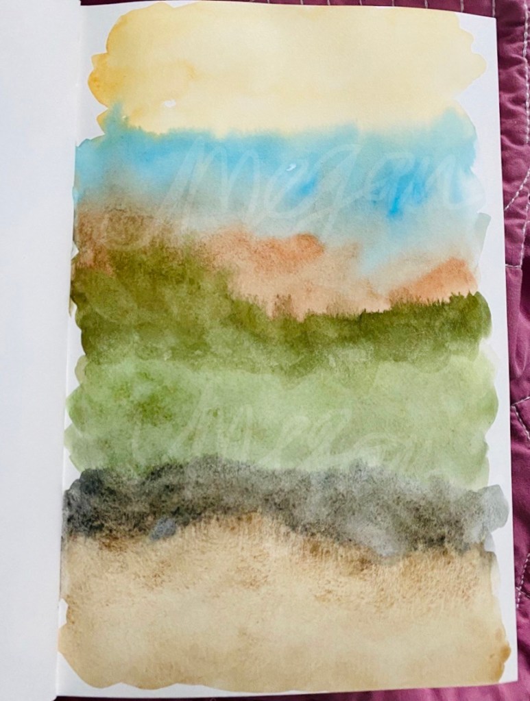 Watercolor painting. Wide sections of color from one color listed to the other; the paper is vertical. This one turned out more like a landscape than the others, with sky and mountains at the top, Amiata sienna (monte amiata natural sienna), ultramarine turquoise, burnt sienna, olive (qor), sap, mars black, goethite