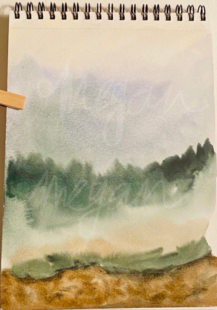 Watercolor painting. Vertical landscape with green trees in the middle. This one turned into more of a landscape than the others because I used the point of my quill to get tree tops. The top is a soft blue sky and the bottom is burnt umber rocks. 