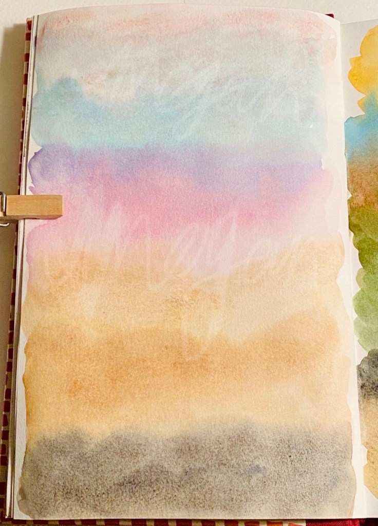 Watercolor painting. Wide sections of color from one color listed to the other; the paper is vertical. This one is overall lighter and more pastel and magical that the others. It has soft sunset colors. Potters pink, cinereous, quin pink, goethite, burnt umber, yellow raw ochre, mars black (top to bottom, some mixing on paper between colors)