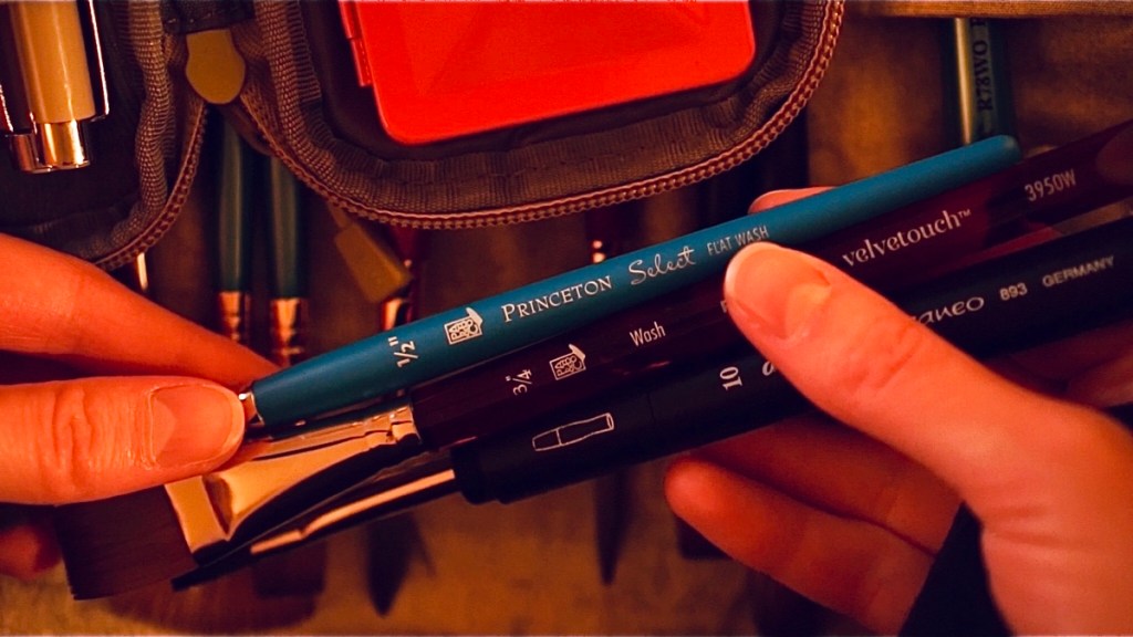 Top to bottom, Princeton select 1/2 inch flat, Princeton velvetouch 3/4 inch flat, and DaVinci casaneo travel flat size 10 handle sizes compared.