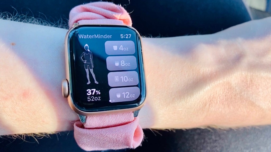 My apple watch on my arm, displaying the waterminder water tracking app