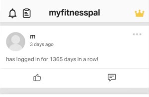 A screenshot of how many days logged in a row in my fitness pal so far