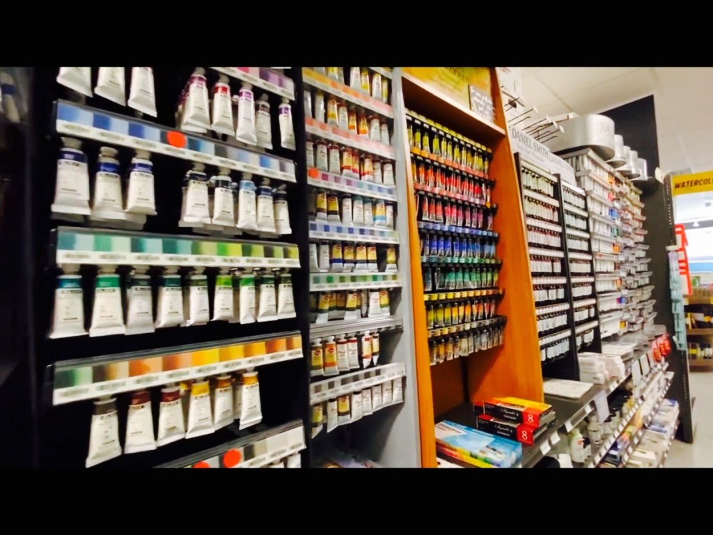 The watercolor paint tubes aisle in Blick Art Materials in DC