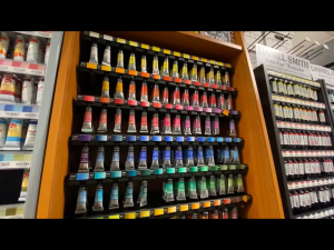 All the Sennelier watercolor paint tubes on display in Blick Art Materials in DC
