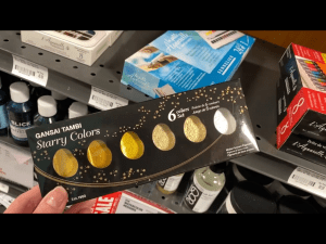 My hand holding the Gansai Tambi starry colors 6 color set in Blick Art Materials in DC