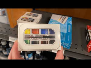 My hand holding the Sennelier Aqua mini in Blick Art Materials in DC