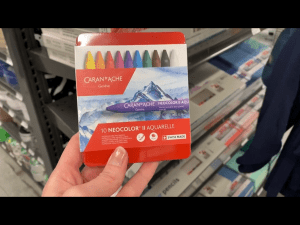 My hand holding the 10 set of neocolor II from Caran d’Ache in Blick Art Materials in DC