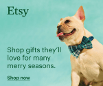 Cute dog advertising Etsy gifts page. He’s got a bowtie. 